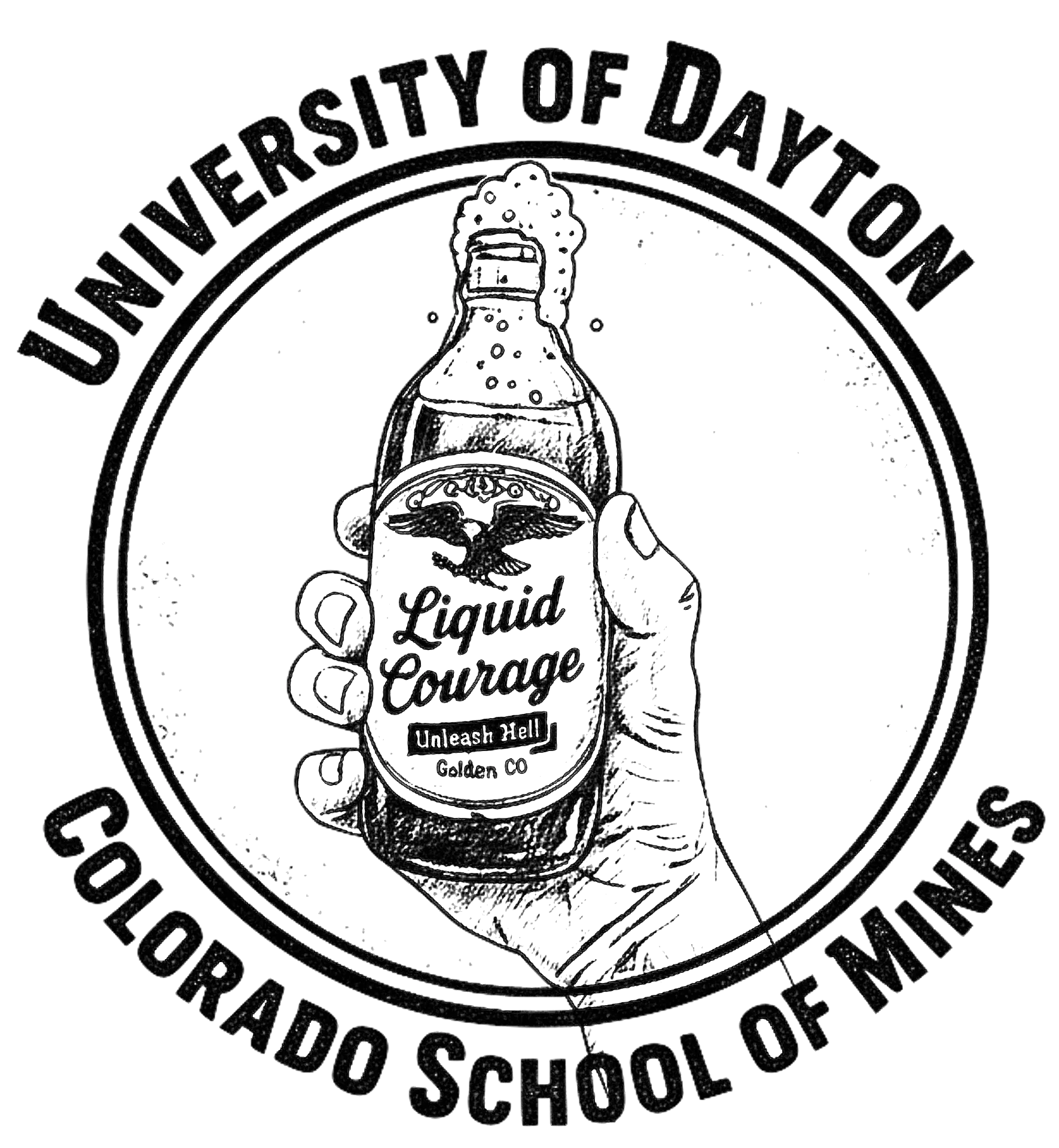 University of Dayton & Colorado School of Mines — Liquid Courage bottle emblem
